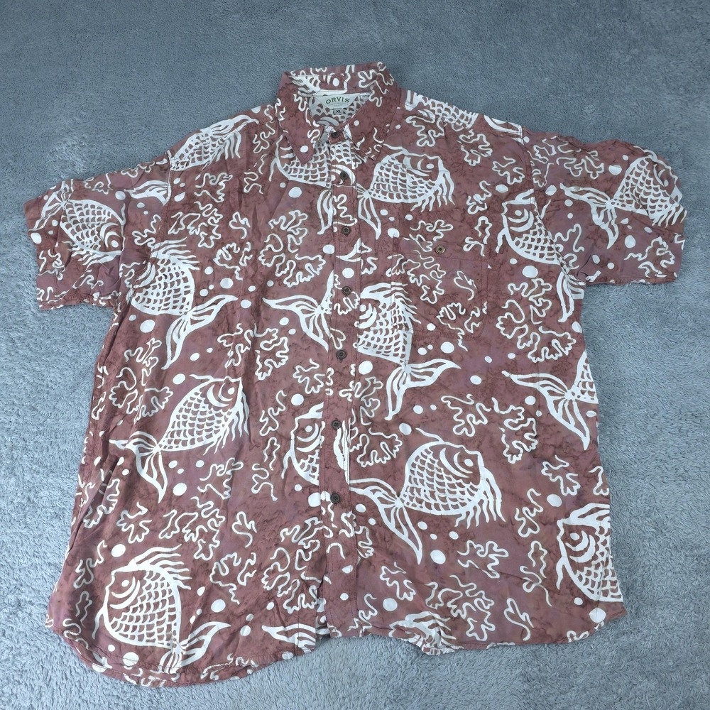 Orvis Shirt Mens XL Brown Fish Tropical Short Sleeve Button Up Rayon Casual
